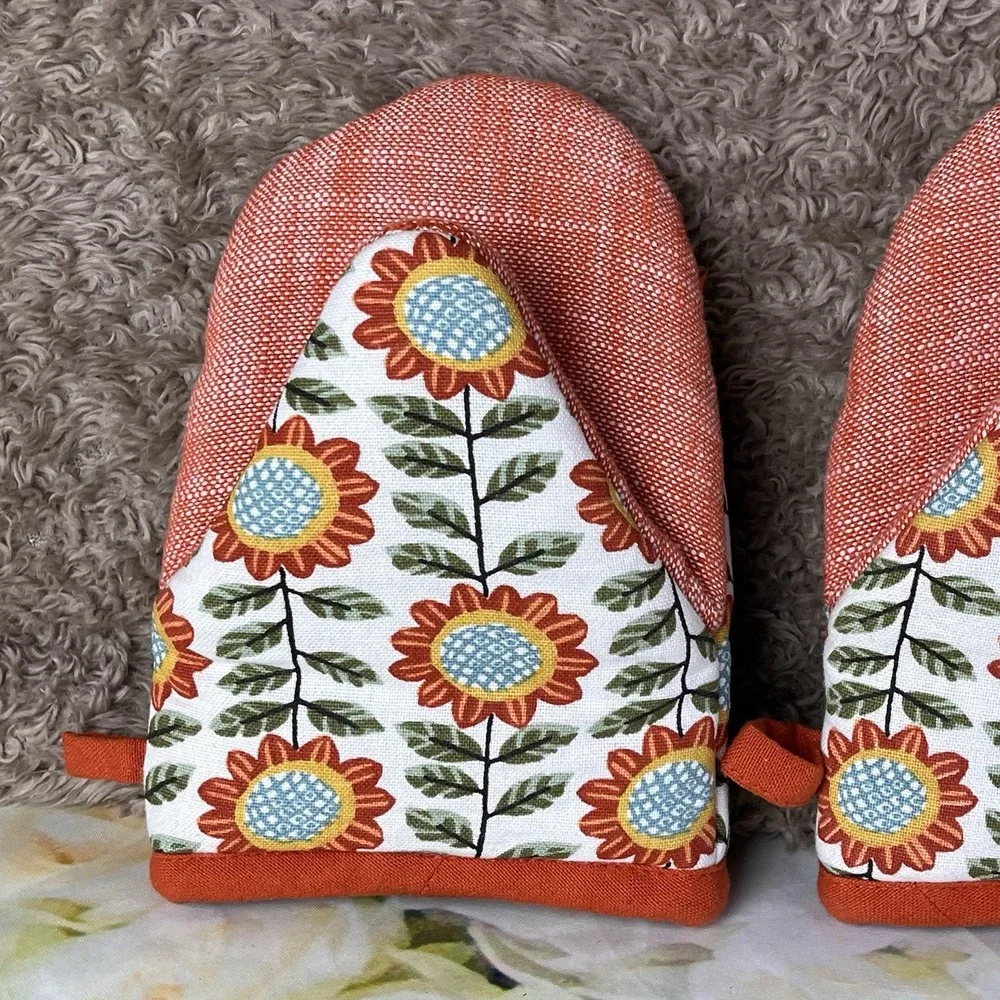 Kay Dee Grabber Oven Mitt Set Autumn In Bloom Sunflowers Pattern Orange Gloves